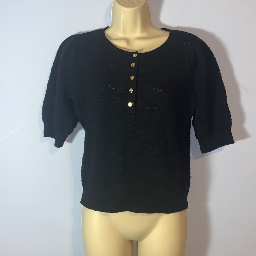 Draper James black knit lady blouse gold buttons short sleeves coquette medium